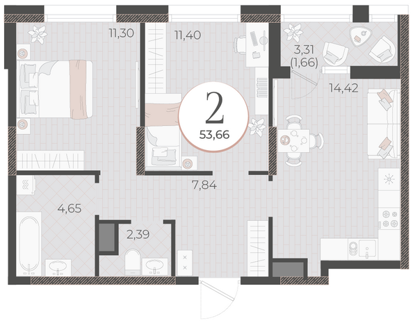 Планировка 2-комн 53,66 м²