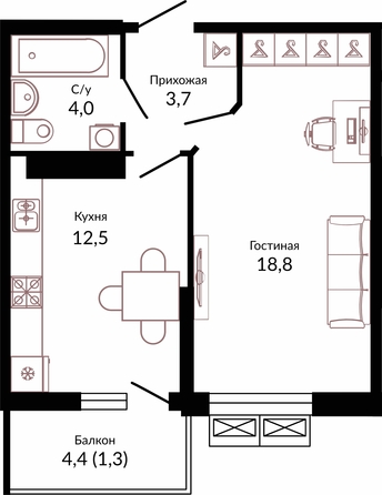 Планировка 1-комн 40,3 м²