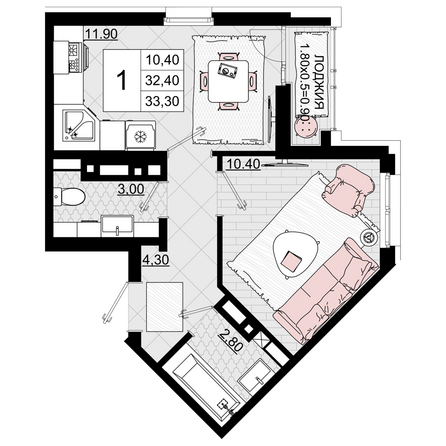 Планировка 1-комн 33,3 м²