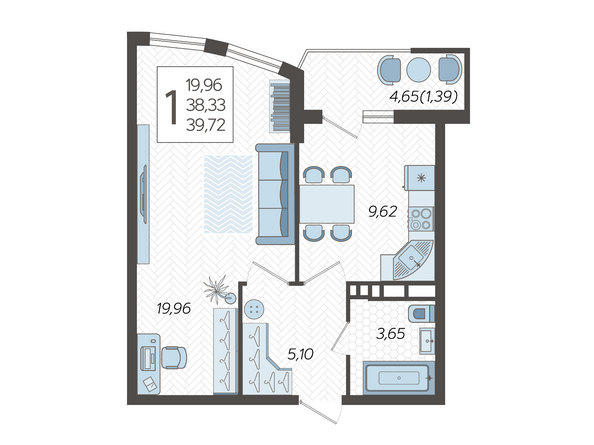 Планировка 1-комн 39,72 м²