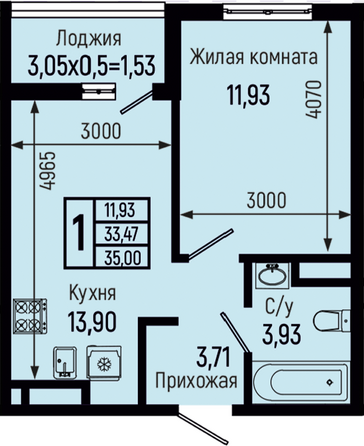 Планировка 1-комн 35 м²