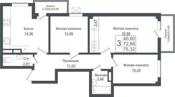 Планировка 3-комн 75,92 м²