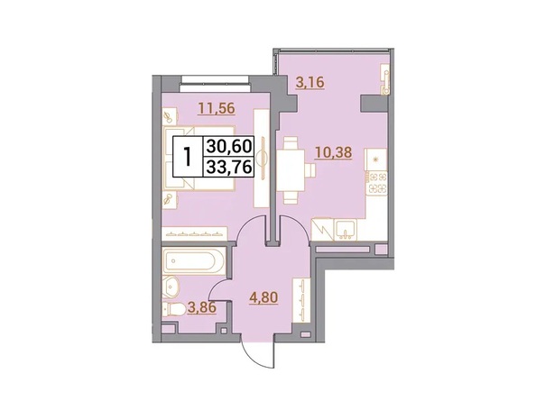 Планировка 1-комн 33,65 м²