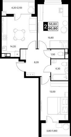 Планировка 2-комн 60,8, 61 м²