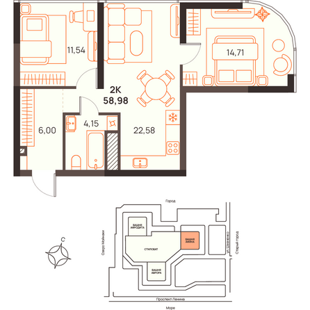 Планировка 2-комн 58,65 - 59,8 м²