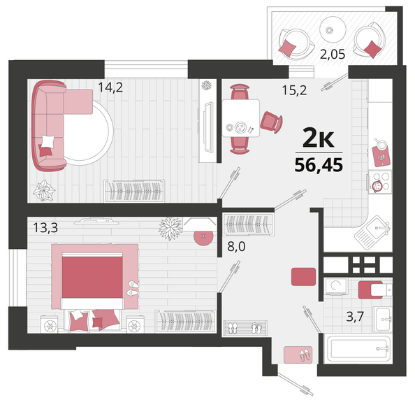 Планировка 2-комн 56,45 м²