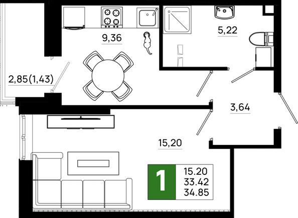 Планировка 1-комн 34,85 м²