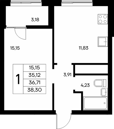 Планировка 1-комн 38,3 - 38,34 м²