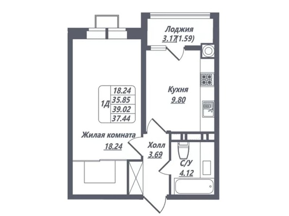 Планировка 1-комн 37,44 м²