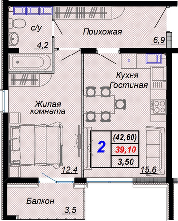 Планировка 2-комн 42,6 м²