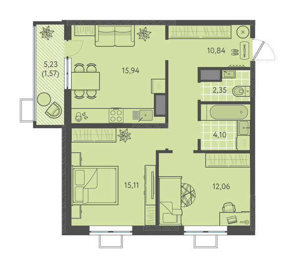 Планировка 2-комн 61,97 м²