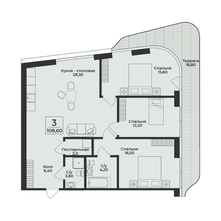 Планировка 3-комн 108,6 м²