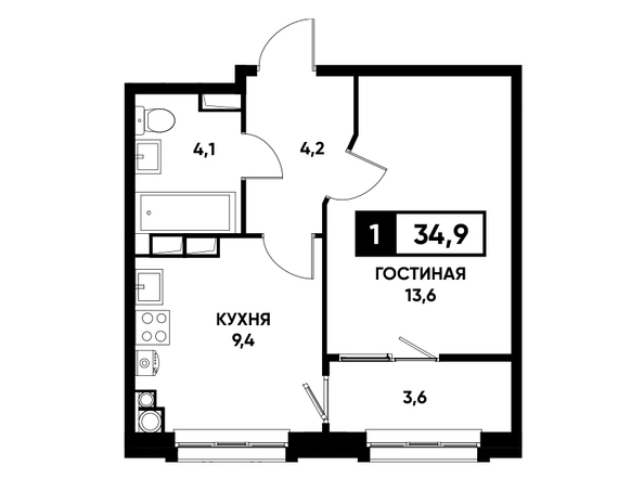 Планировка 1-комн 34,9 м²