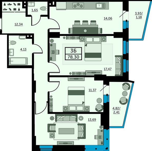 Планировка 3-комн 77,3 - 77,76 м²