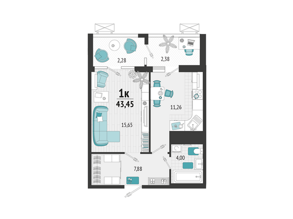 Планировка 1-комн 43,45 м²