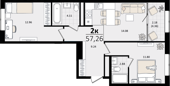 Планировка 2-комн 57,26 м²