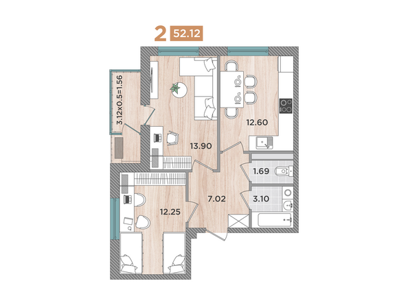 Планировка 2-комн 52,12 м²