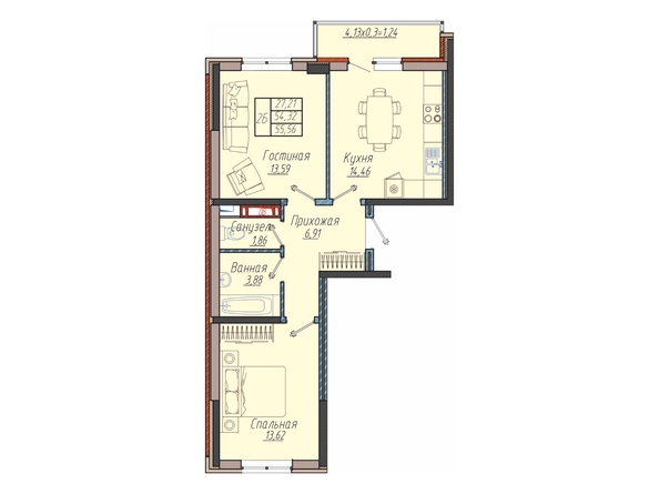 Планировка 2-комн 55,56 м²