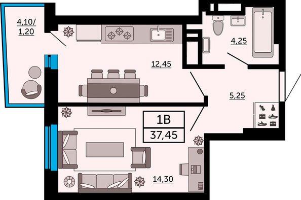 Планировка 1-комн 37,45 м²