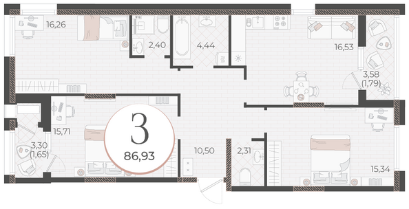 Планировка 3-комн 86,93 м²