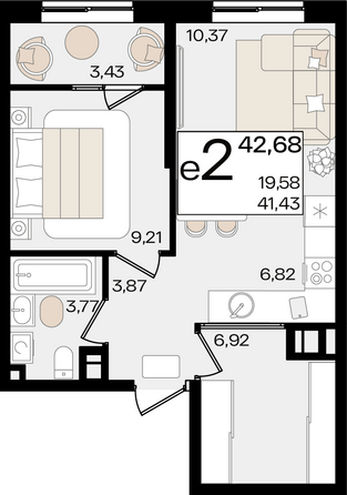 Планировка 2-комн 42,68 м²