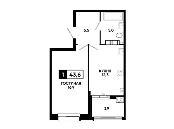 Планировка 1-комн 43,3 - 43,7 м²