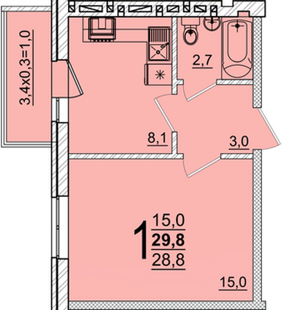 Планировка 1-комн 29,8 м²