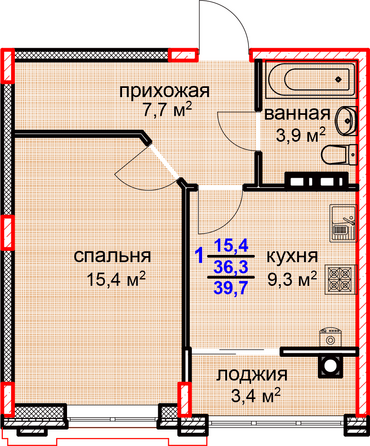 Планировка 1-комн 39,7 м²