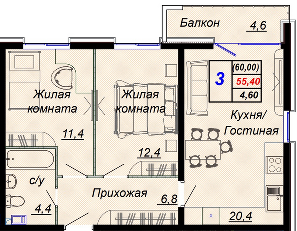 Планировка 3-комн 60 м²