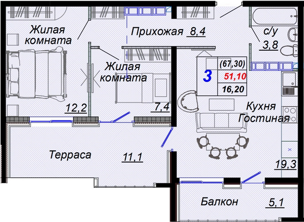 Планировка 3-комн 67,3 м²