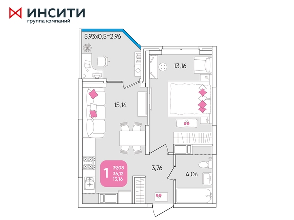 Планировка 1-комн 39,08 м²