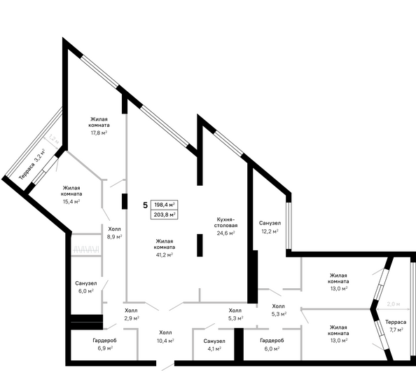 Планировка 5-комн 203,8 м²