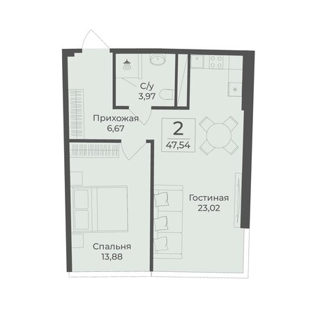 Планировка 2-комн 47,54 м²