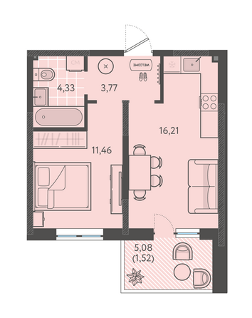 Планировка 1-комн 37,29 м²