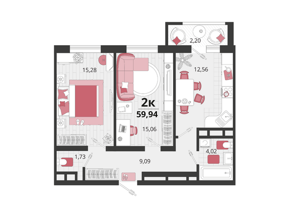 Планировка 2-комн 59,94 м²
