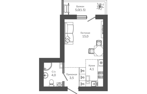 Планировка 1-комн 28,1 м²