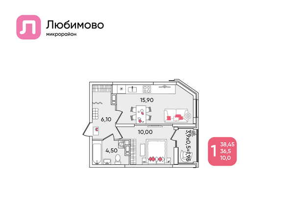 Планировка 1-комн 38,45 - 39,31 м²