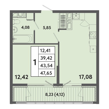 Планировка 1-комн 43,54 м²
