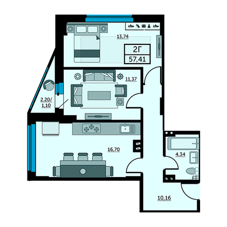 Планировка 2-комн 57,6, 57,7 м²