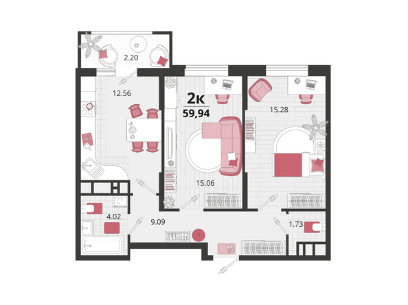 Планировка 2-комн 59,94 м²