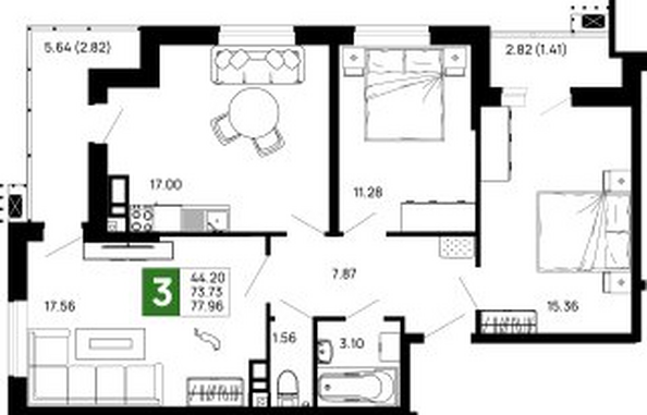 Планировка 3-комн 77,96 м²