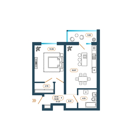 Планировка 1-комн 51,23 м²