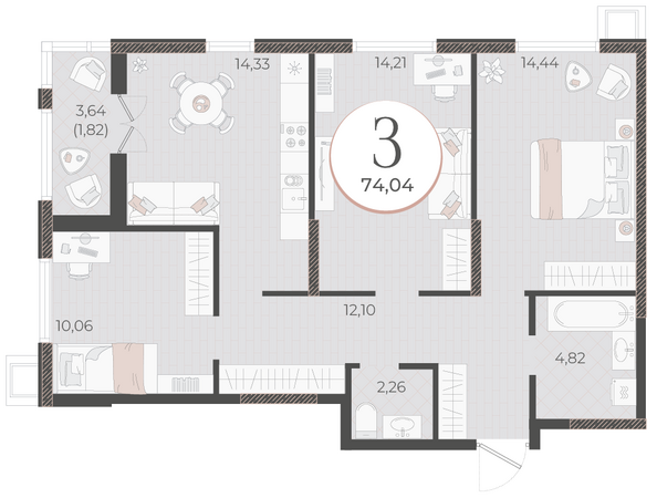 Планировка 3-комн 74,04 м²