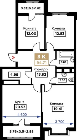 Планировка 3-комн 94,71 м²