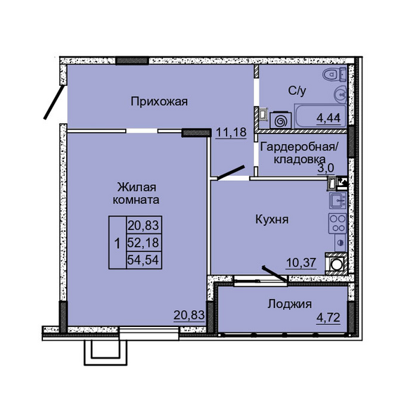 Планировка 1-комн 54,54 м²