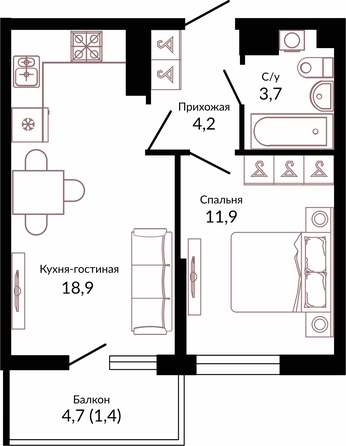 Планировка 1-комн 40,1 м²