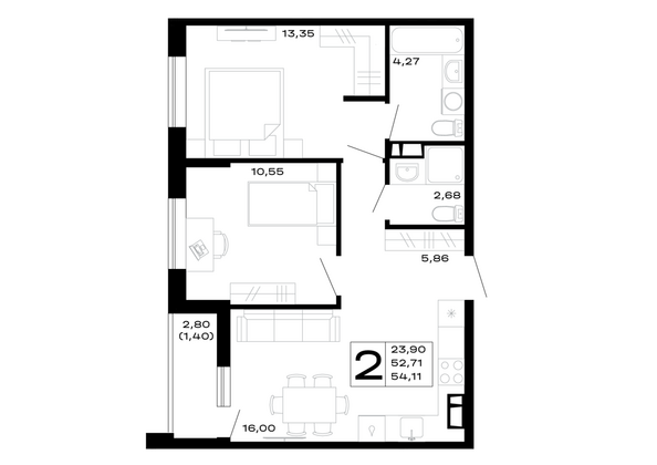Планировка 2-комн 54,11 м²