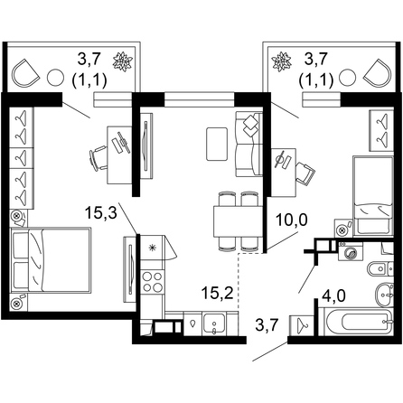 Планировка 2-комн 51,5 м²