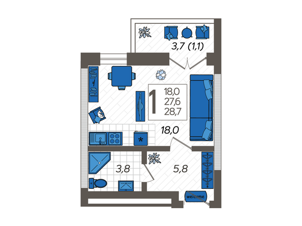 Планировка 1-комн 28,7 м²