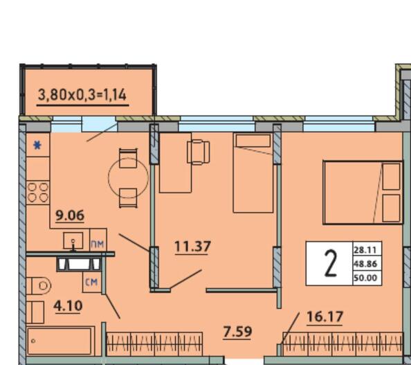 Планировка 2-комн 50 м²